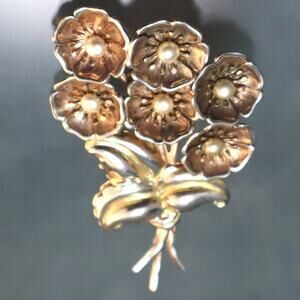 Retro Rose Gold Vermeil Sterling Large Flower Bouquet Pearl Brooch Vintage Pin